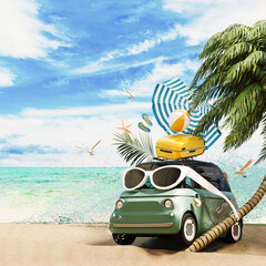 Cute green car with luggage on beautiful sand beach. Summer travel concept background with copy space. 3D Rendering, 3D Illustration - 775781216
