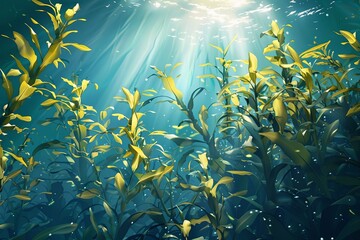 Fototapeta na wymiar photorealistic yellow green kelp plant, underwater, sunlight rays, ocean background.