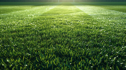 Lively and fresh football pitch, green grass ready for soccer and team sporting events, detailed...