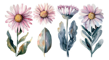 Watercolor style, daisy collection, transparent background