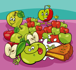 cartoon green and red apples and apple pie and milk