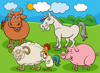 cartoon farm animals characters group in the meadow - 775781829