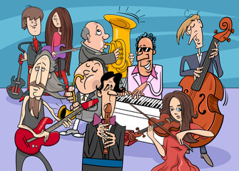 cartoon musicians group or musical band with comic characters
