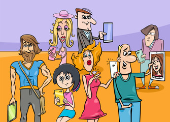 cartoon people with smart phones and digital tablets