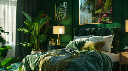 Luxury modern bedroom interior, featuring a green bed, live plants, stylish lamp, carpet, and a jungle-themed poster