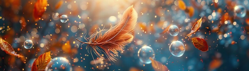 Ethereal Autumn Phoenix Feather and Bubbles Floating in Air with Shimmering Light, Whimsical and Serene Nature Fantasy Artwork - obrazy, fototapety, plakaty