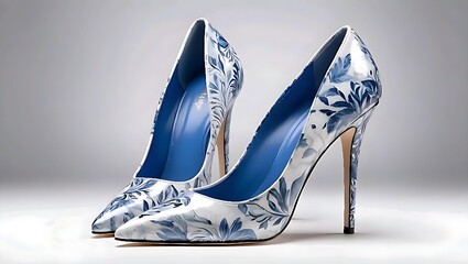 Elegant blue and white floral patterned high heels on a grey background