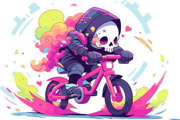 Cure Skeleton Biker riding pink bicycle with colorful smoke flat vector illustration.