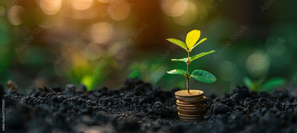 Poster plant growing on gold coins with blurred forest background. business save investment and interest co
