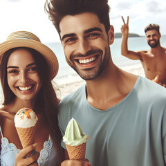 Happy man woman couple eating ice-cream at beach party, summer concept