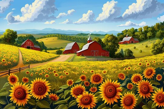 This photo captures an idyllic farm scene with red barns and rolling fields, featuring a beautiful sunflower field in the foreground and a farmhouse in the background.