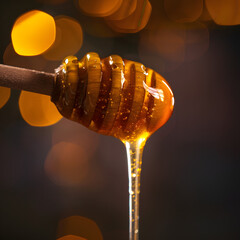 Golden Honey Dripping from Wooden Dipper Against Bokeh Lights Backdrop