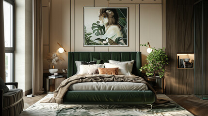 Modern bedroom oasis with a luxurious green bed, botanical accents, sleek lamp, cozy carpet, and an exotic animal poster,