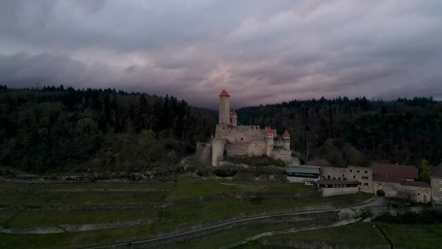 Medieval hilltop fortress, Hornberg Castle, with forest and riverside vineyard by the river Neckar