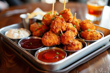 A selection of crispy chicken nuggets arranged on a tray and served with a variety of dipping sauces.