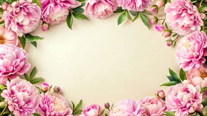 Pink peony flowers border frame, gift card design. Generative ai