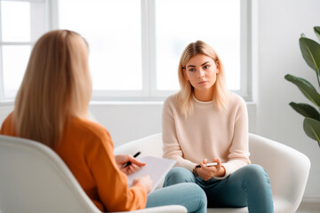 sad girl talks with a psychologist in her office and sits on a chair