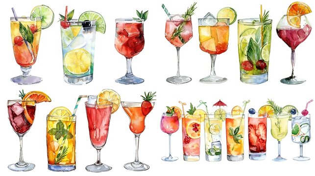 Fruits with colorful beach tropical summer alcoholic cocktails, the concept of a set of refreshing drinks for a bar or cafe. Watercolor banner