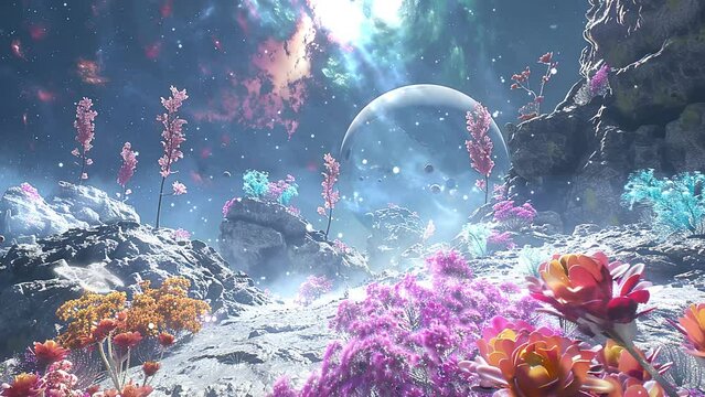 celestial garden ballroom located on an asteroid. seamless looping overlay 4k virtual video animation background