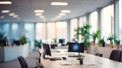 Gorgeous defocused office background - panoramic background of the interior of an office.