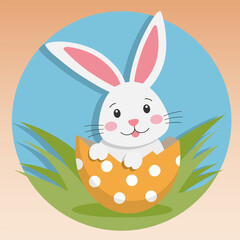 Illustration with a white Easter bunny sitting in the egg. Happy Easter vector background for greeting card, poster, banner.