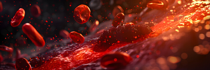 Red Blood Cells Flowing Through a Blood Vessel, Closeup illustration of platelets activating and adhering to a veins damaged wall.  - obrazy, fototapety, plakaty