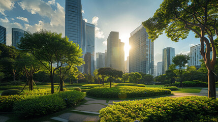 Modern city's heart featuring a green public park, contrasting with nearby business district, urban balance,