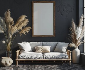 Oak Wood Rectangle Frame Mockup Beside Sofa on Black Wall