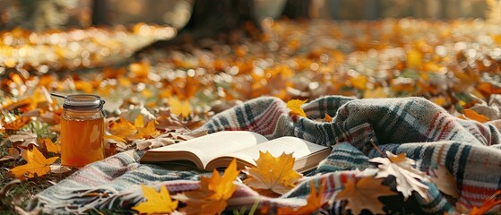 cozy autumn picnic scene with a book a blanket - obrazy, fototapety, plakaty
