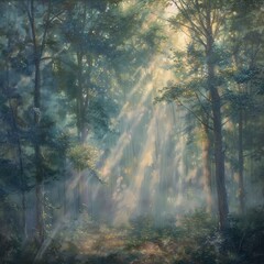 ethereal forest scene bathed in pastel morning light with rays filtering through mist and trees