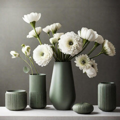 modern vase with a green flowers in shades of white
