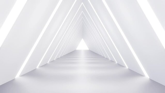 White futuristic triangle corridor with bright light neon elements. Modern empty infinite 3d animation.