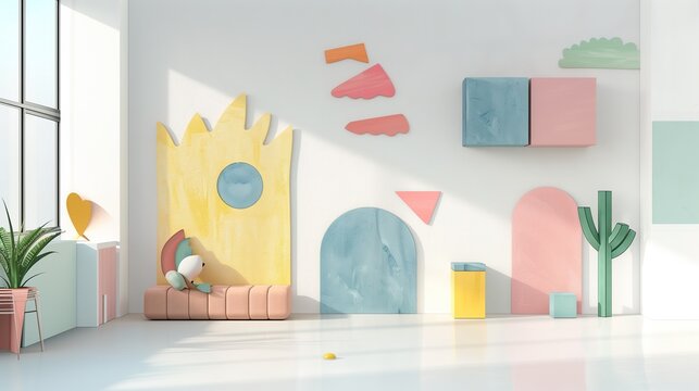 A sketch of a mockup wall in a children's room, following the minimalist aesthetics of Scandinavian design, against a pristine white background