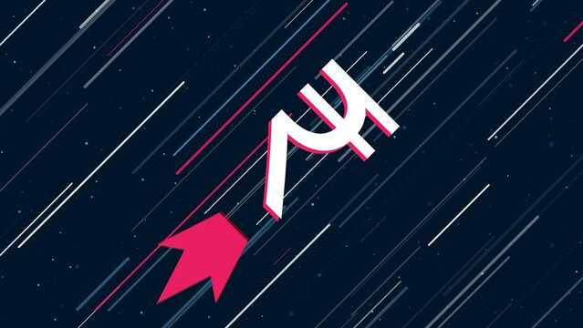 Indian rupee symbol flies through the universe on a jet propulsion. The symbol in the center is shaking due to high speed. Seamless looped 4k animation on dark blue background with stars