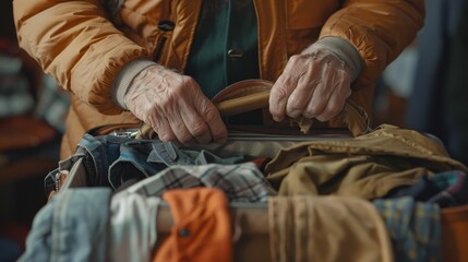 Fototapeta premium Elderly travelers focused on packing their suitcases, a detailed view of hands selecting clothes for their upcoming outdoor adventure
