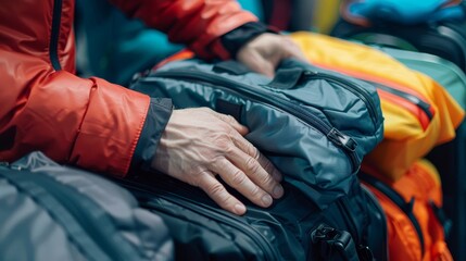 Hands organizing backpacks and clothes into a suitcase, captured in selective focus, readying for the seamless journey of a business trip - obrazy, fototapety, plakaty