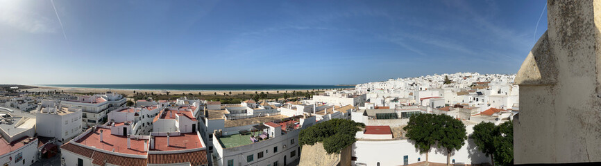 Panoramic view over the city and beach in Conil de la Frontera from Torre de Guzman in Spain