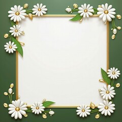 empty frame with a gold border,  pearl decoration and daisy flowers and green 3d leaves.  minimalist wedding card frame.