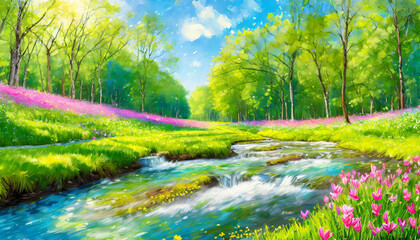 Fototapeta premium Tranquil summer landscape featuring a lake, river, trees, and serene skies