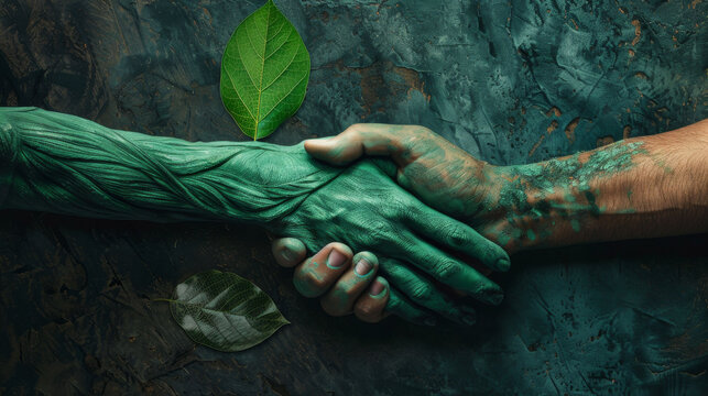 Human hand interlocks with leaf-patterned arm, symbolizing unity with nature, sustainability, and environmental harmony.