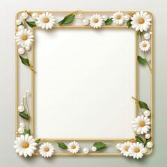 empty frame with a gold border,  pearl decoration and daisy flowers and green 3d leaves.  minimalist wedding card frame.
