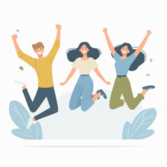 cartoon of young people jumping for joy in a flat design style