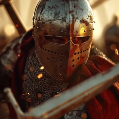 Close-up of a medieval knight's helmeted face, eyes alight with battle's fire, ideal for historical storytelling