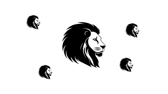 Zoom in and out animation the lion head symbol. Large black symbol in the center and four small symbols around. Seamless looped 4k animation on white background
