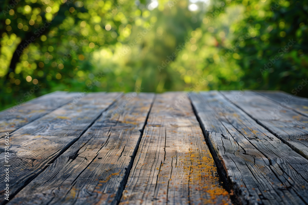 Poster wooden table in the garden. blurred trees in the back. background image. created with generative ai 