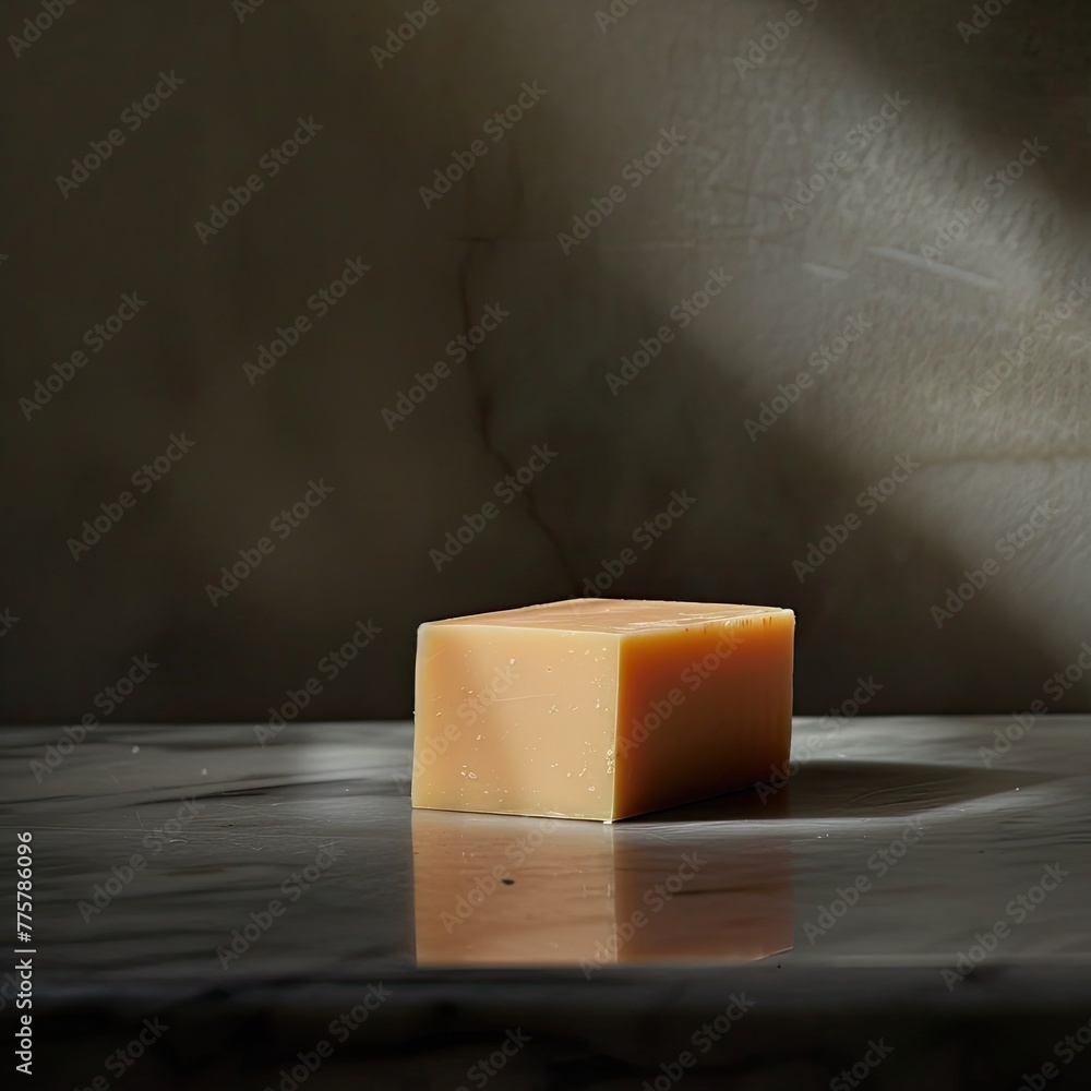 Poster a minimalist composition featuring a single block of sharp cheddar against a stark background