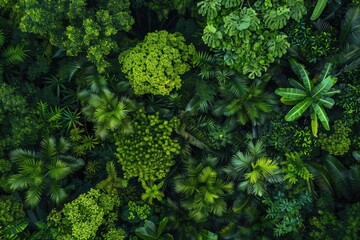 Obraz premium Dense, vibrant green foliage of a tropical rainforest captured from an aerial perspective