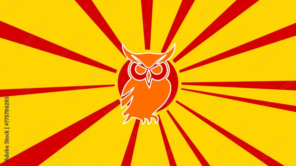 Poster owl symbol on the background of animation from moving rays of the sun. large orange symbol increases