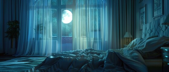 A serene bedroom scene at night with moonlight streaming through sheer curtains onto a plush bed emphasizing peace and calm - obrazy, fototapety, plakaty