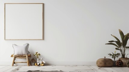 A detailed drawing portraying a mockup wall in a children's room, reflecting the essence of Scandinavian aesthetics, set against a blank white canvas, with emphasis on clean lines and natural elements
